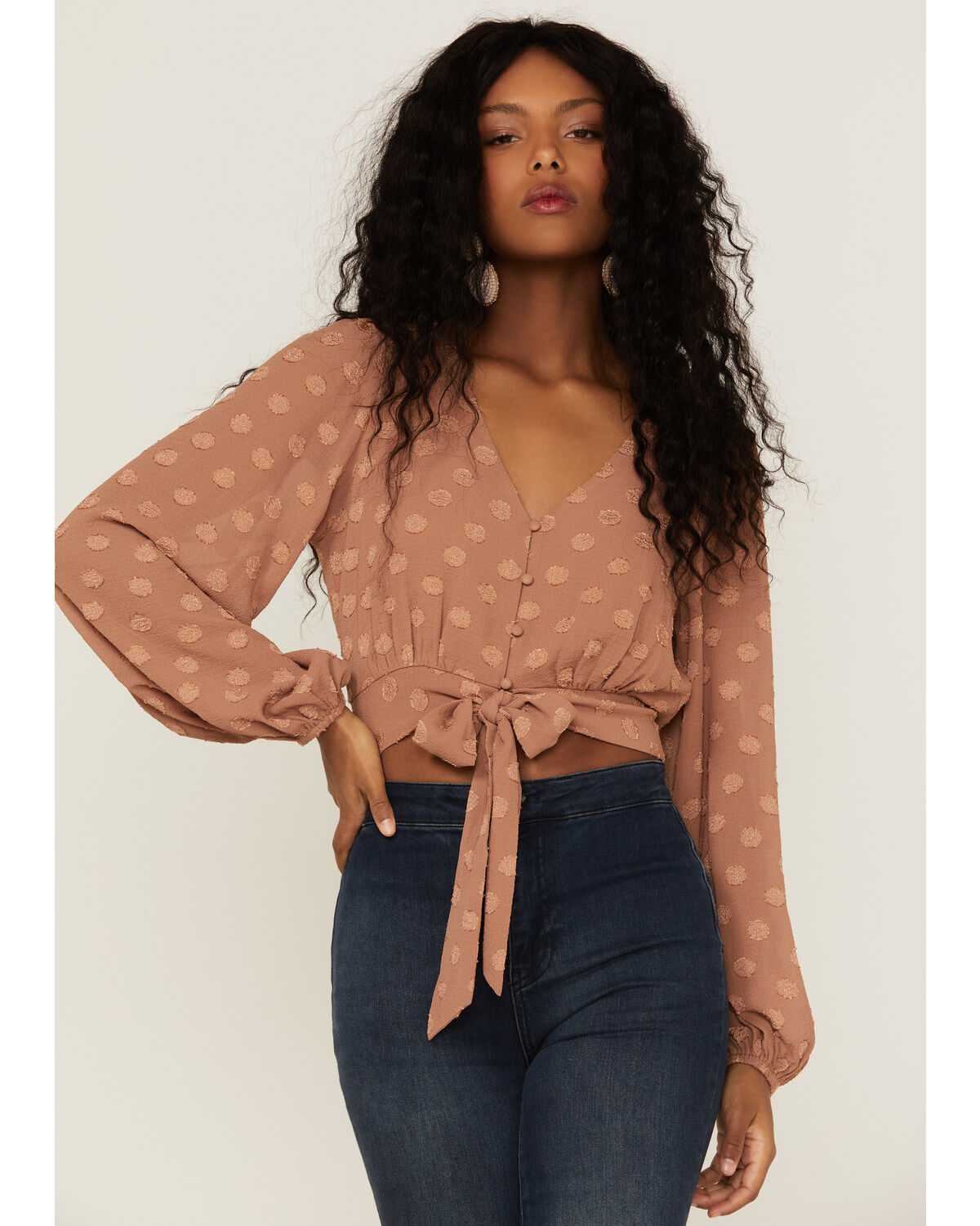 Women's Lush Tie Front Textured Dot Long Sleeve Blouse