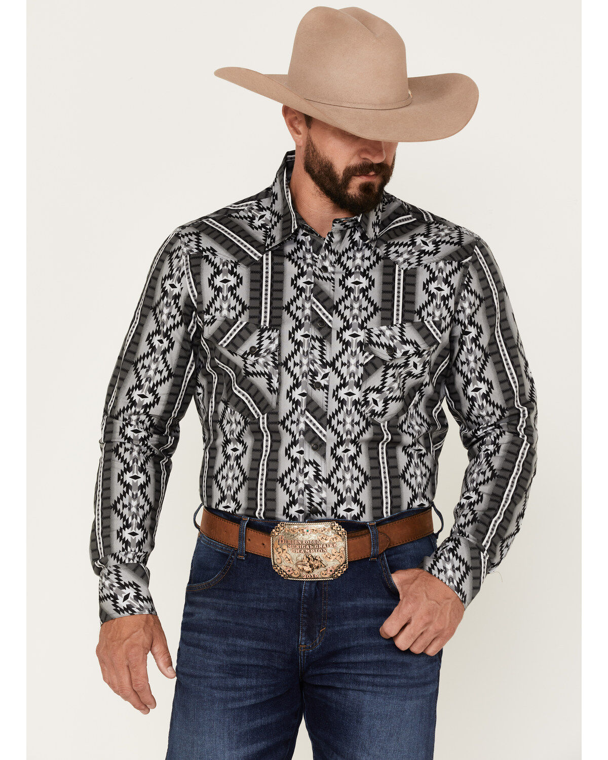 Men's Rock & Roll Denim Southwestern Print Stretch Long Sleeve Snap We