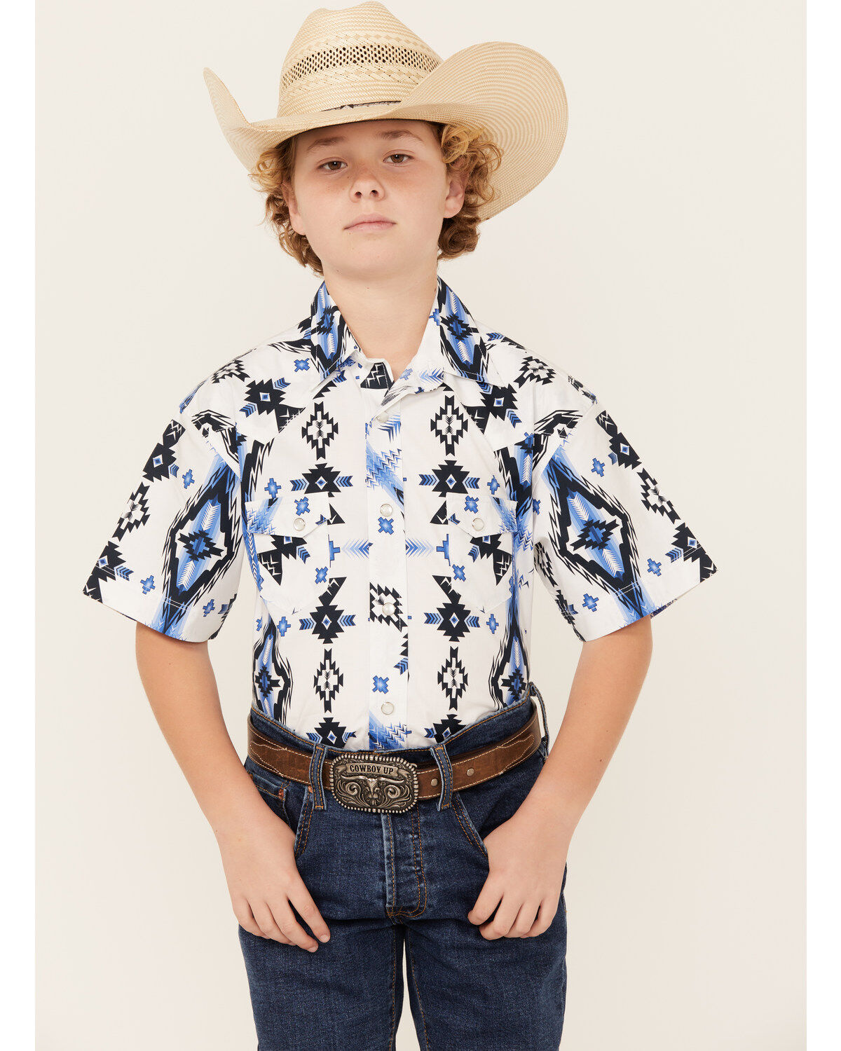 Boys' Rock & Roll Denim Southwestern Print Short Sleeve Pearl Snap Str