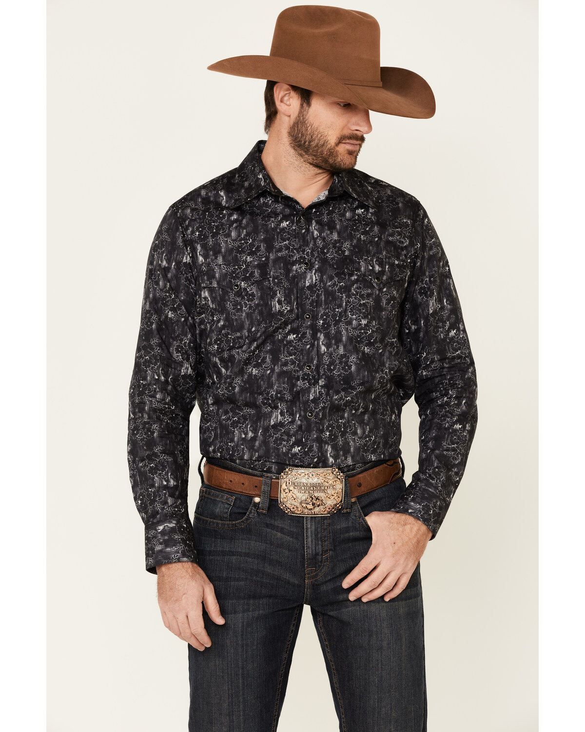 Men's Rock & Roll Denim Charcoal Floral Print Long Sleeve Western Shir