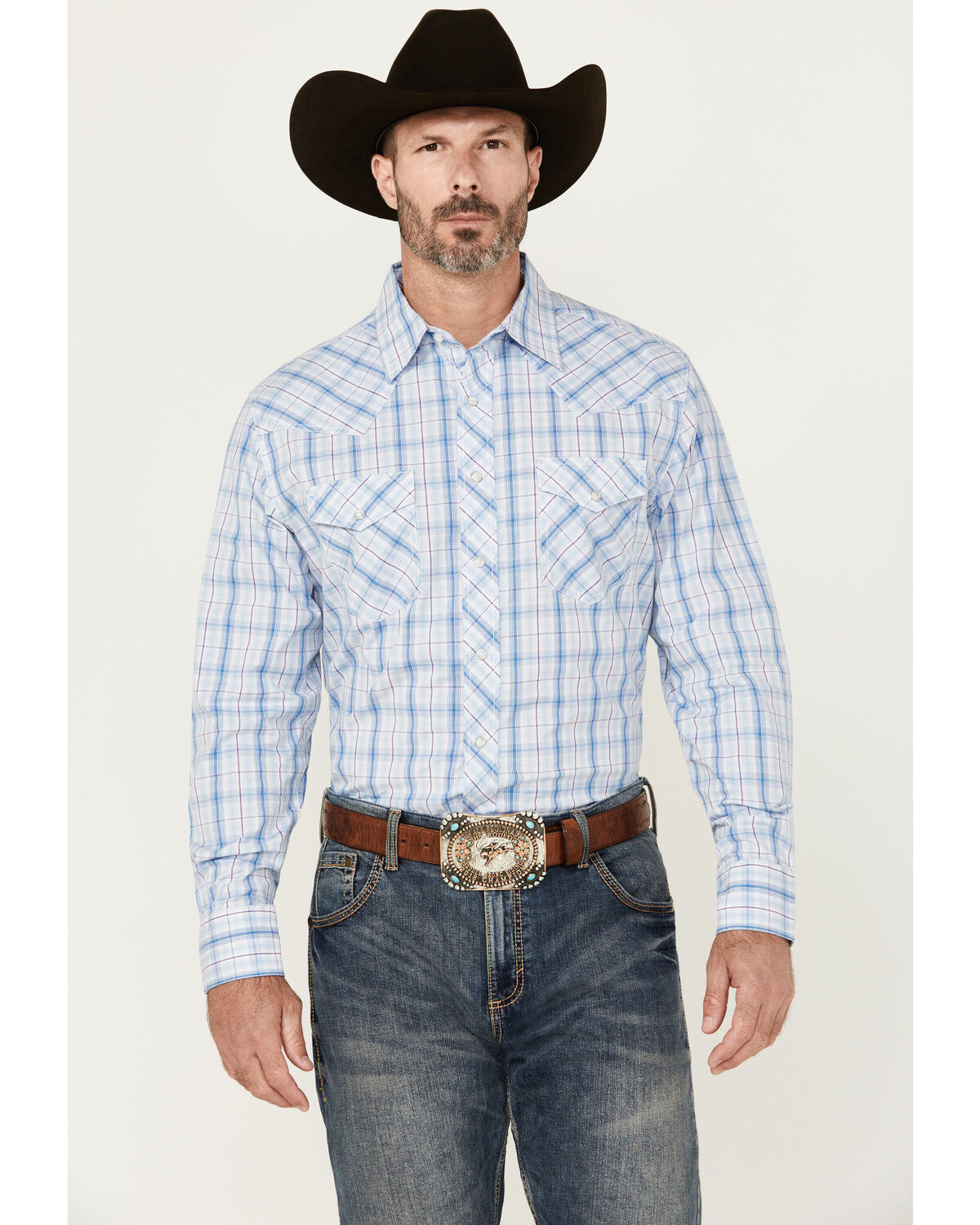 Men's Wrangler 20X Plaid Print Long Sleeve Snap Stretch Western Shirt