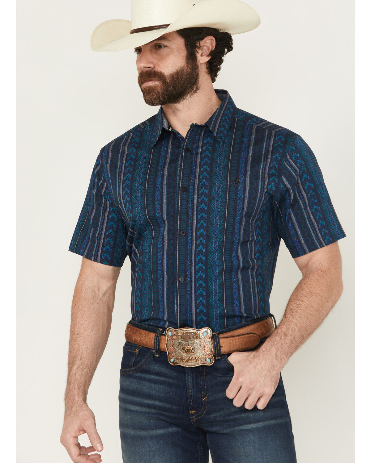 Men's RANK 45 Texas Ranger Striped Print Short Sleeve Button-Down Str