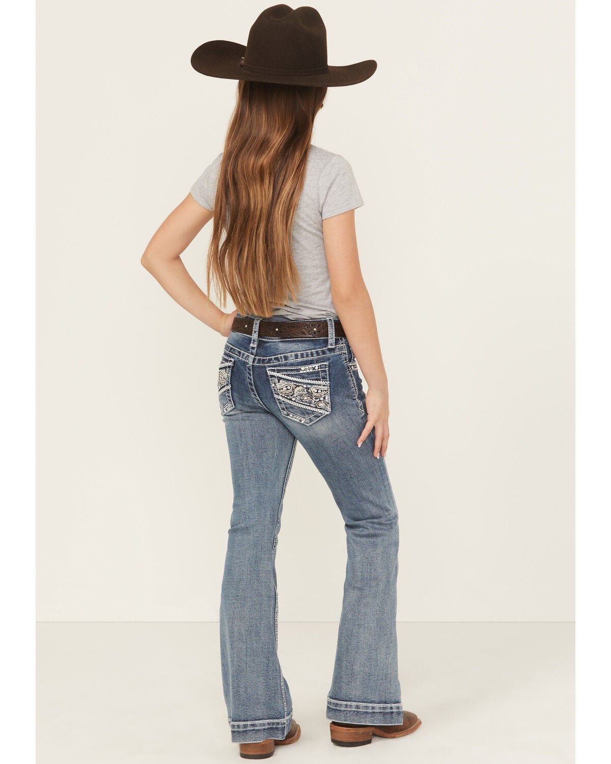 Girls' Grace in LA Medium Wash Paisley Pocket Bootcut Stretch Denim Je