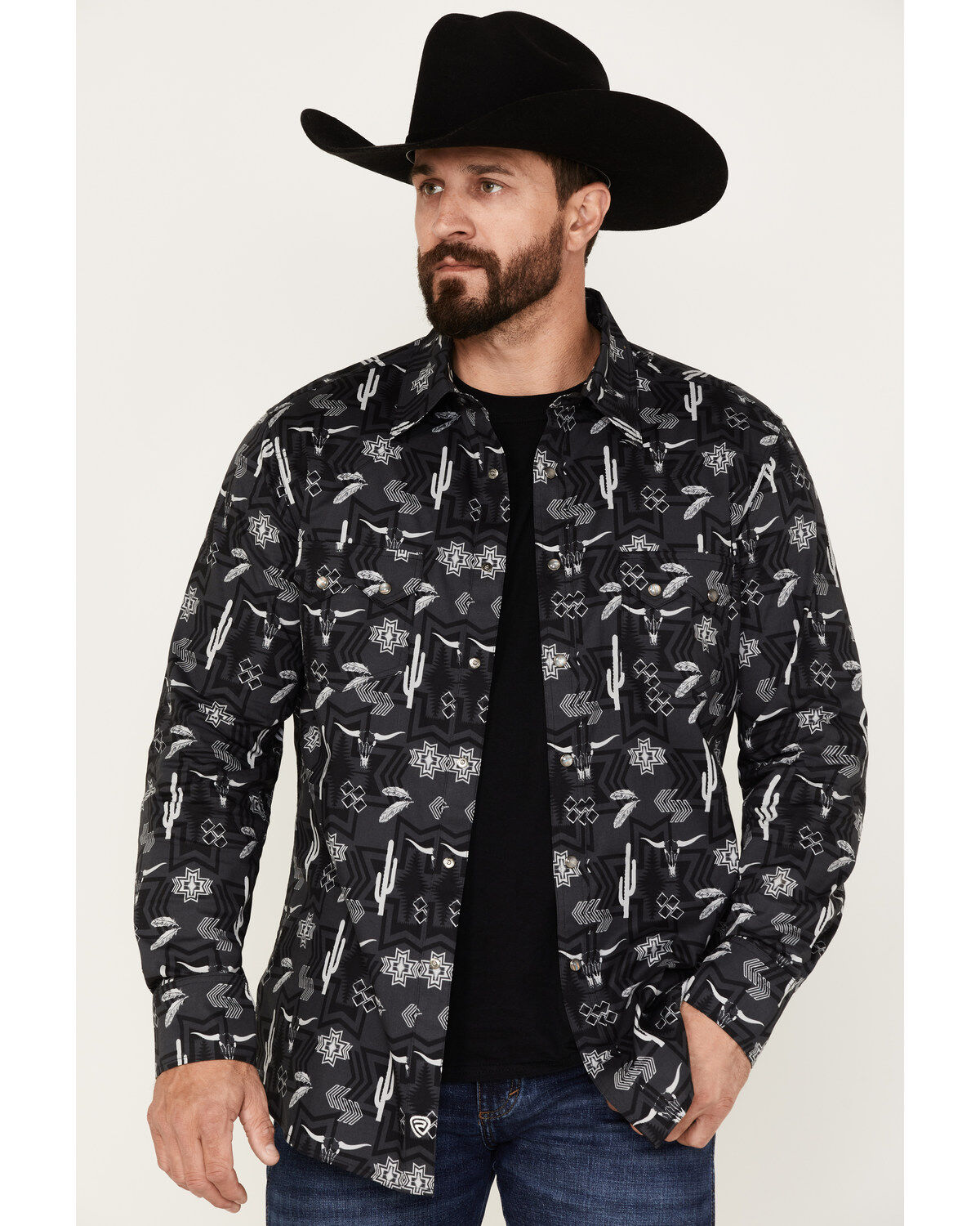 Men's Rock & Roll Denim Southwestern Print Stretch Long Sleeve Snap Sh