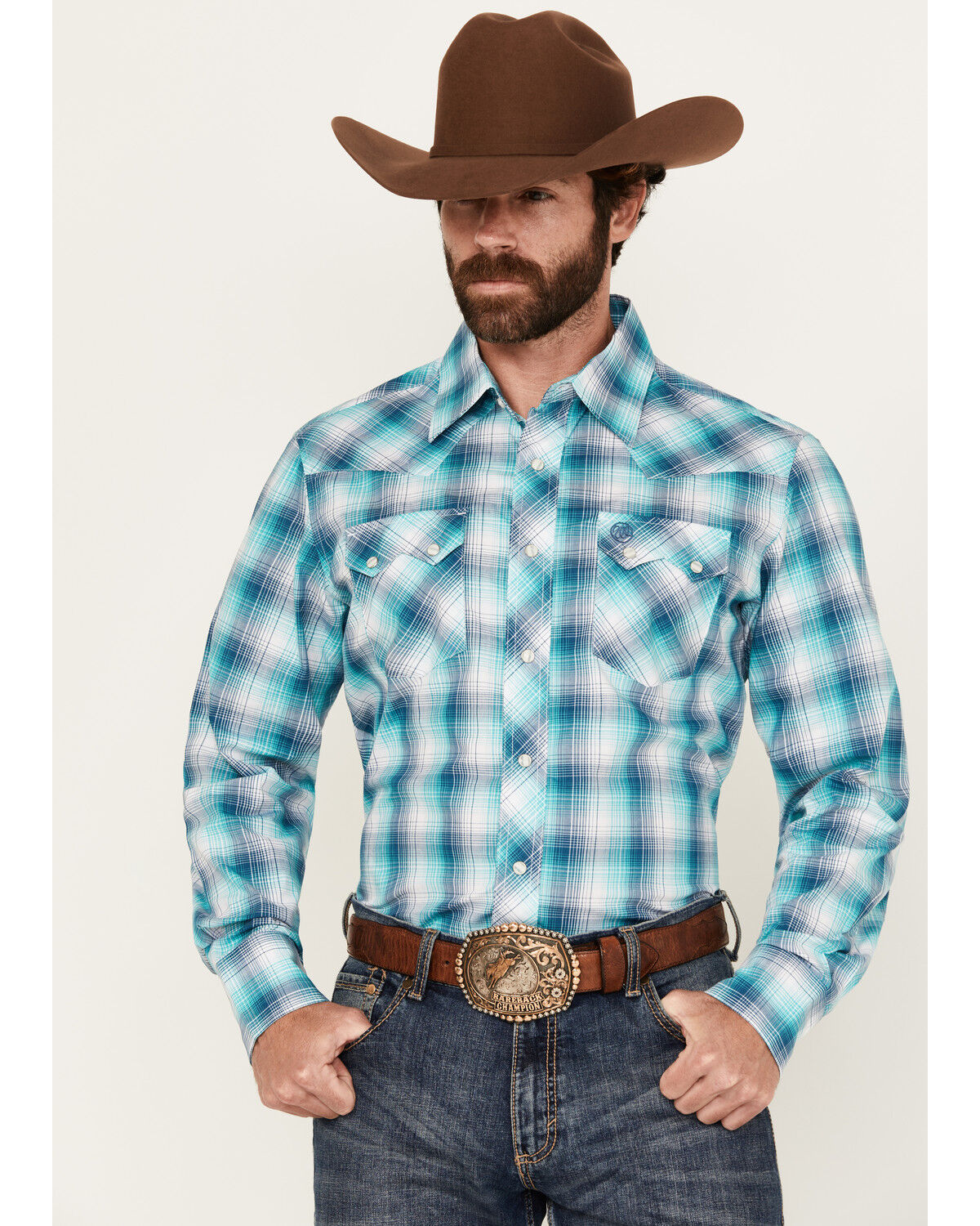 Men's Wrangler Retro Plaid Print Long Sleeve Snap Western Shirt