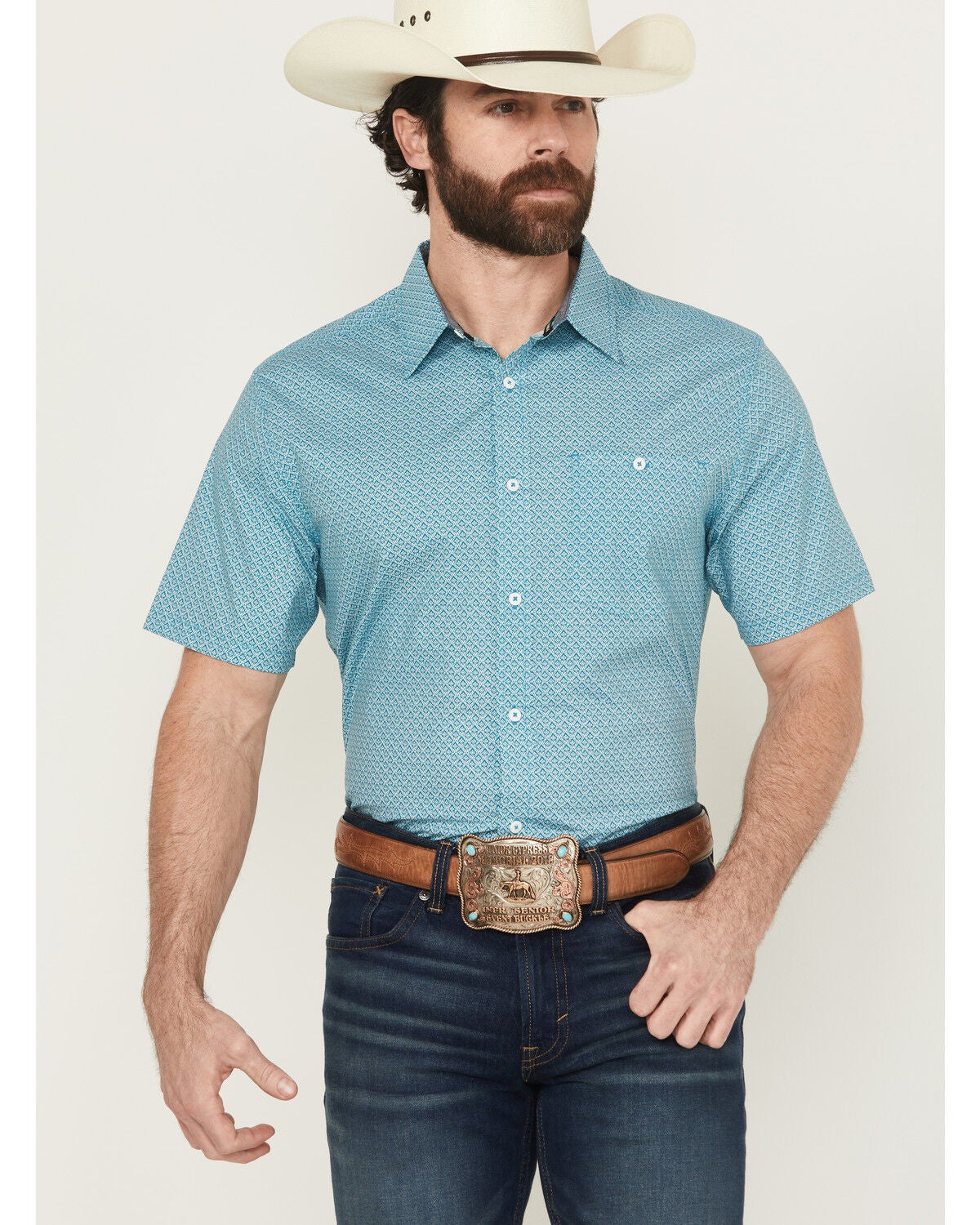 Men's RANK 45 Wild West Geo Print Short Sleeve Button-Down Stretch We