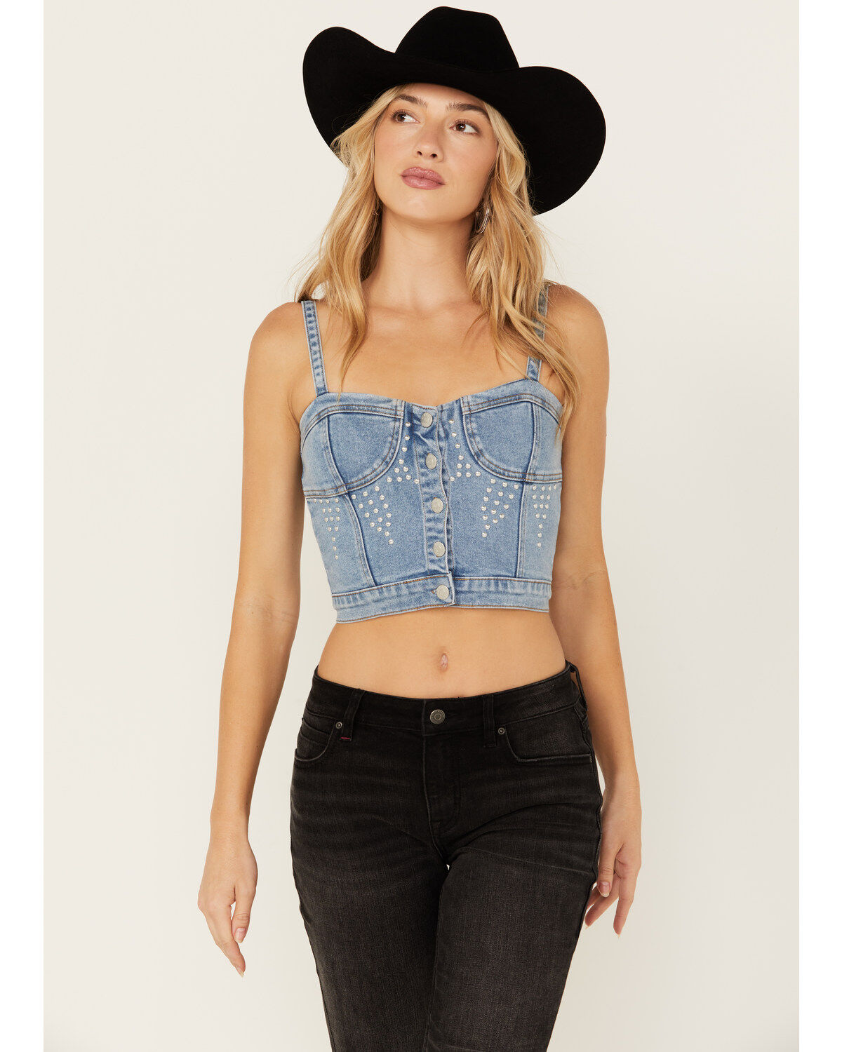 Women's Vibrant Denim Medium Wash Button Front Studded Corset Top