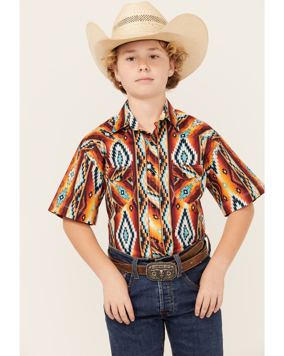 Boys' Rock & Roll Denim Southwestern Print Short Sleeve Snap Stretch W