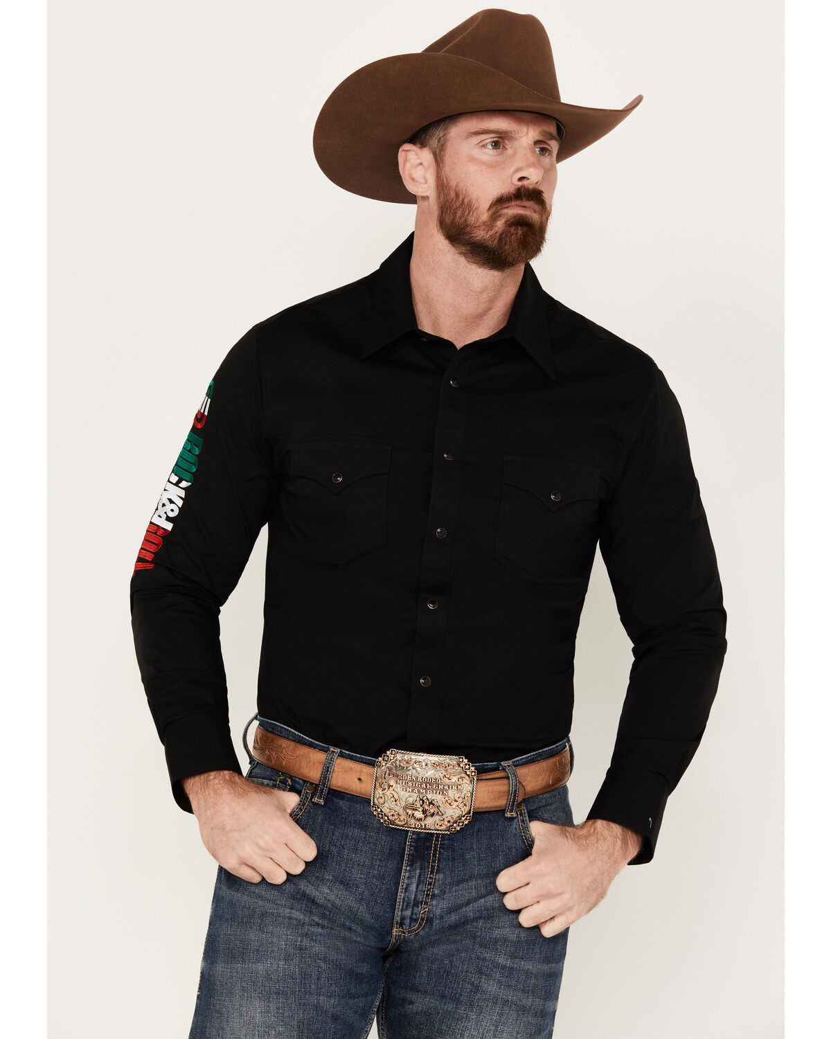 Men's Rock & Roll Denim Mexico Logo Long Sleeve Western Snap Shirt