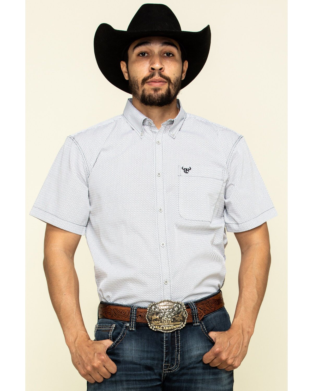 Men's Cowboy Hardware White Little Zig Geo Print Short Sleeve Western