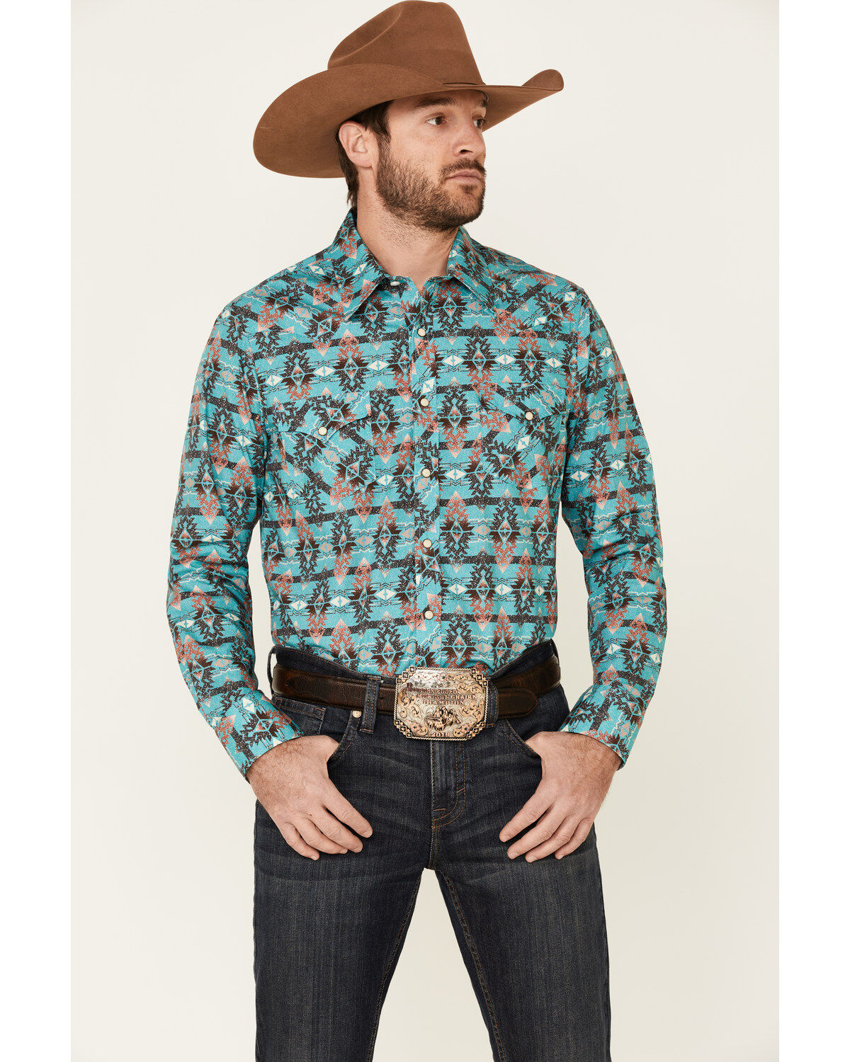 Men's Rock & Roll Denim Southwestern Print Long Sleeve Snap Western Sh