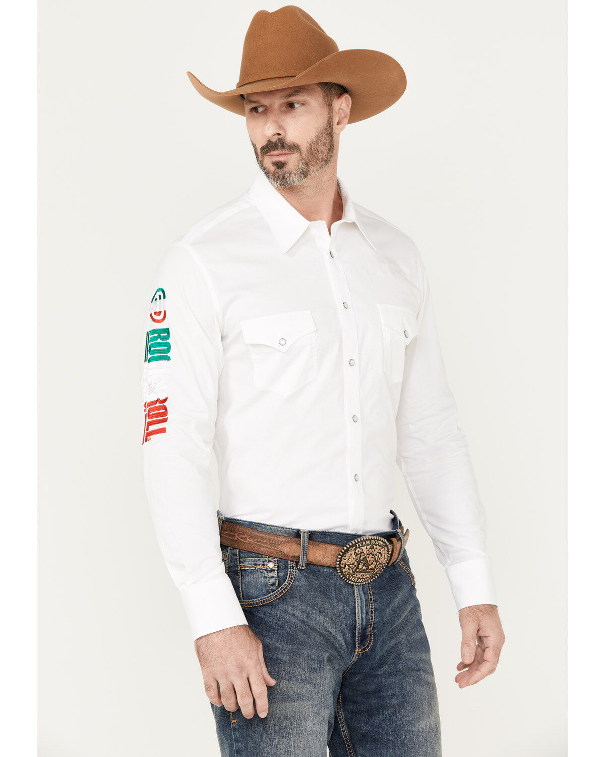 Men's Rock & Roll Denim Mexico Logo Long Sleeve Western Pearl Snap Shi