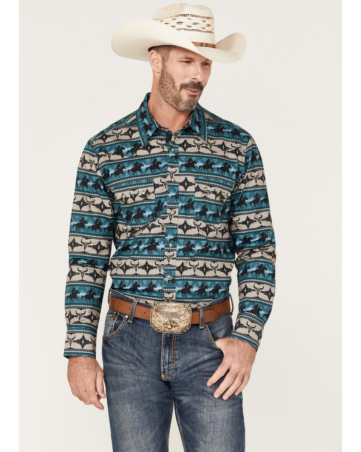 Men's Dale Brisby Rock & Roll Denim Southwestern Print Long Sleeve Sna