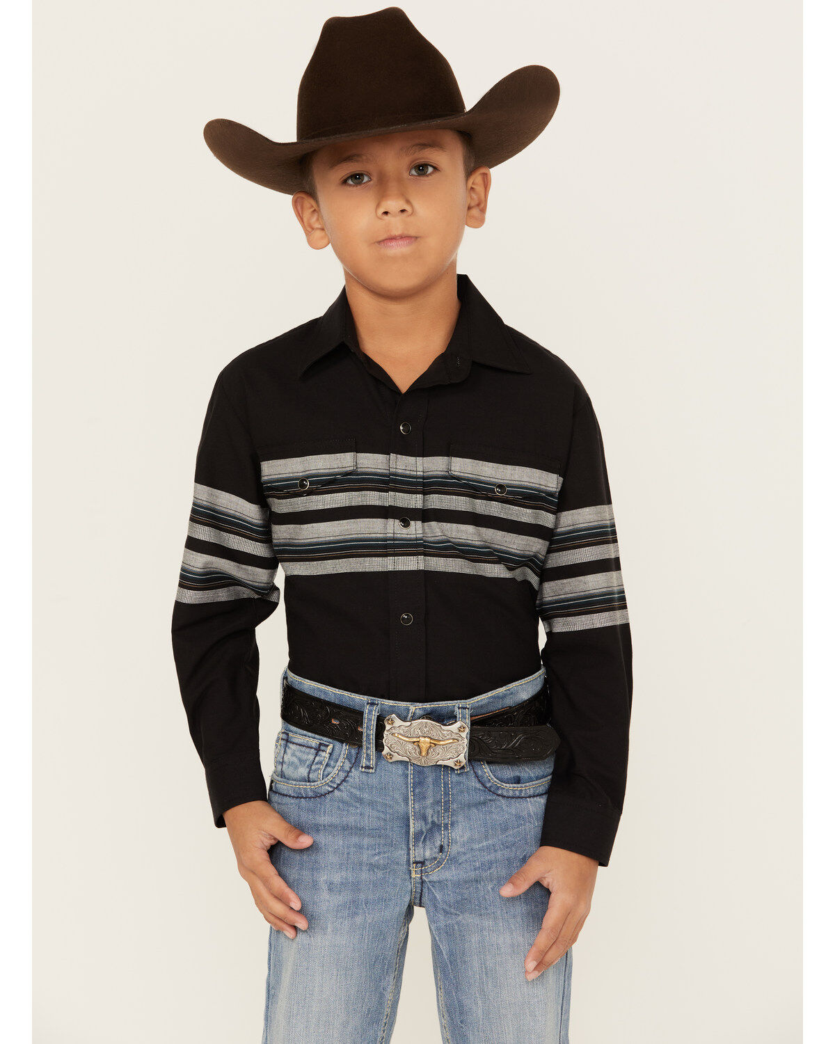 Boys' Roper Border Stripe Long Sleeve Snap Western Shirt