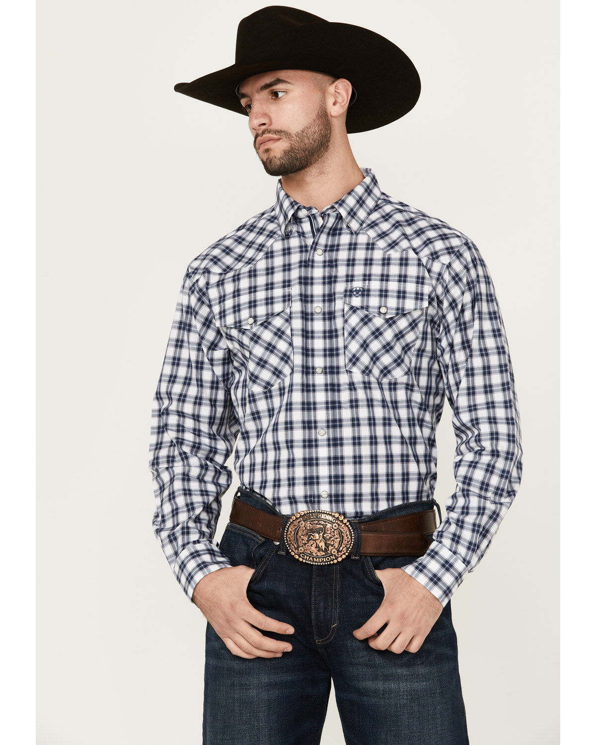 Men's Ariat Ezra Plaid Print Long Sleeve Pearl Snap Performance Wester