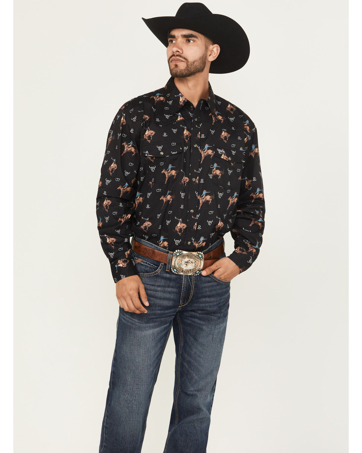 Men's Cowboy Hardware Vintage Bronco Print Long Sleeve Snap Stretch We