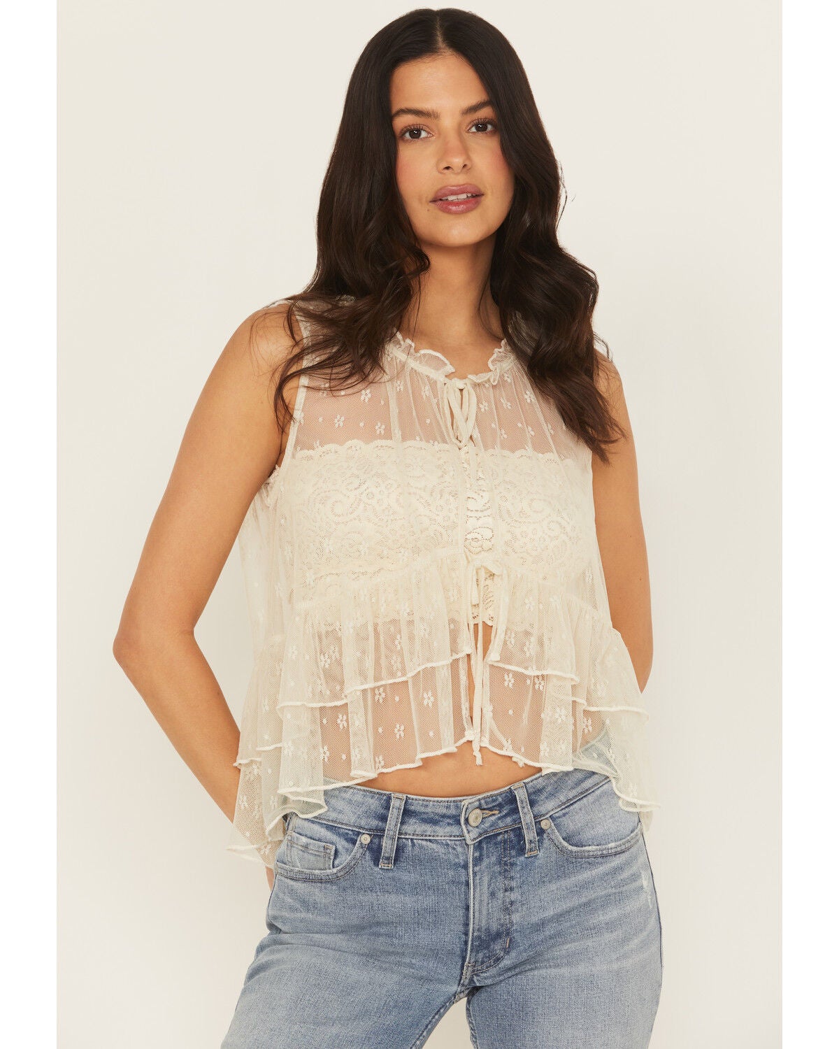Women's Originality Lace Tie-Front Sleeveless Ruffle Top