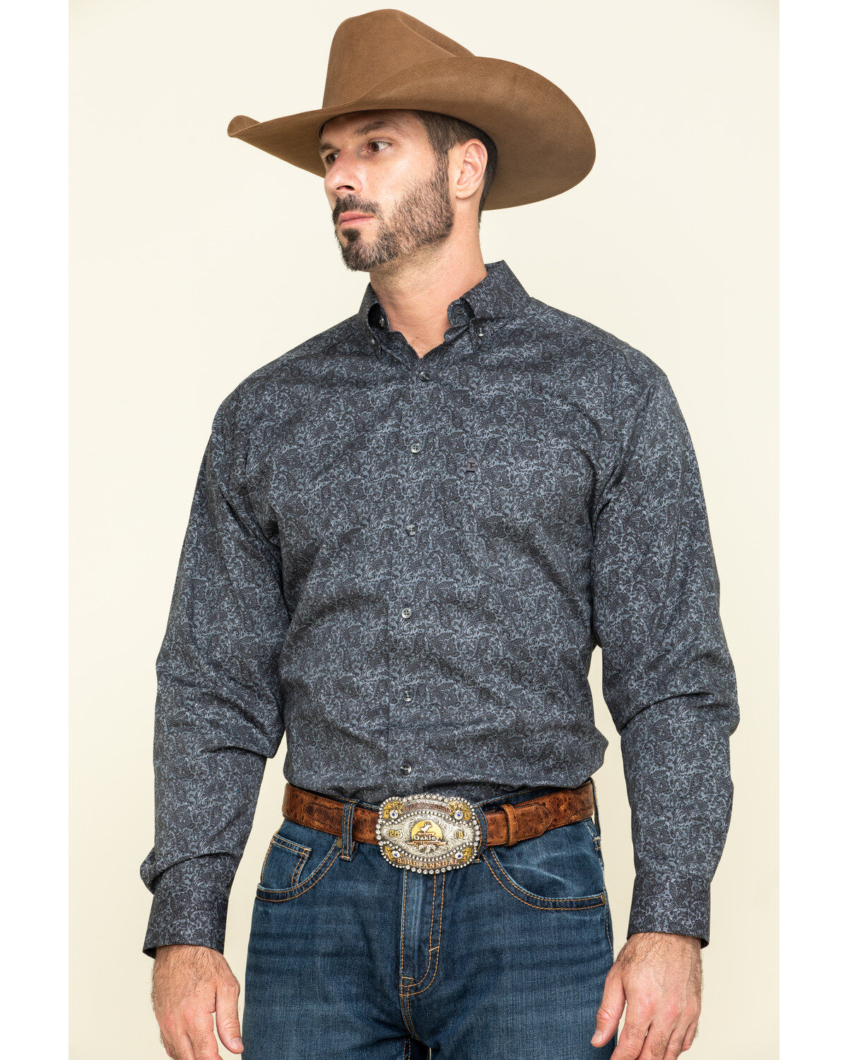 Men's Tuf Cooper Black Stretch Paisley Poplin Print Long Sleeve Wester