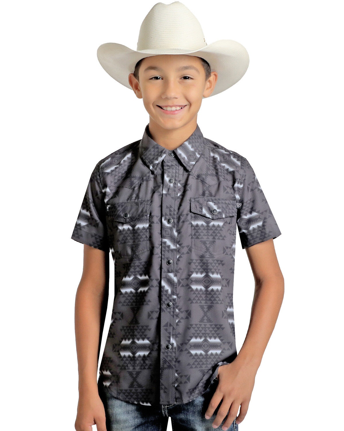 Boys' Rock & Roll Denim Tek Southwestern Print Short Sleeve Snap Weste