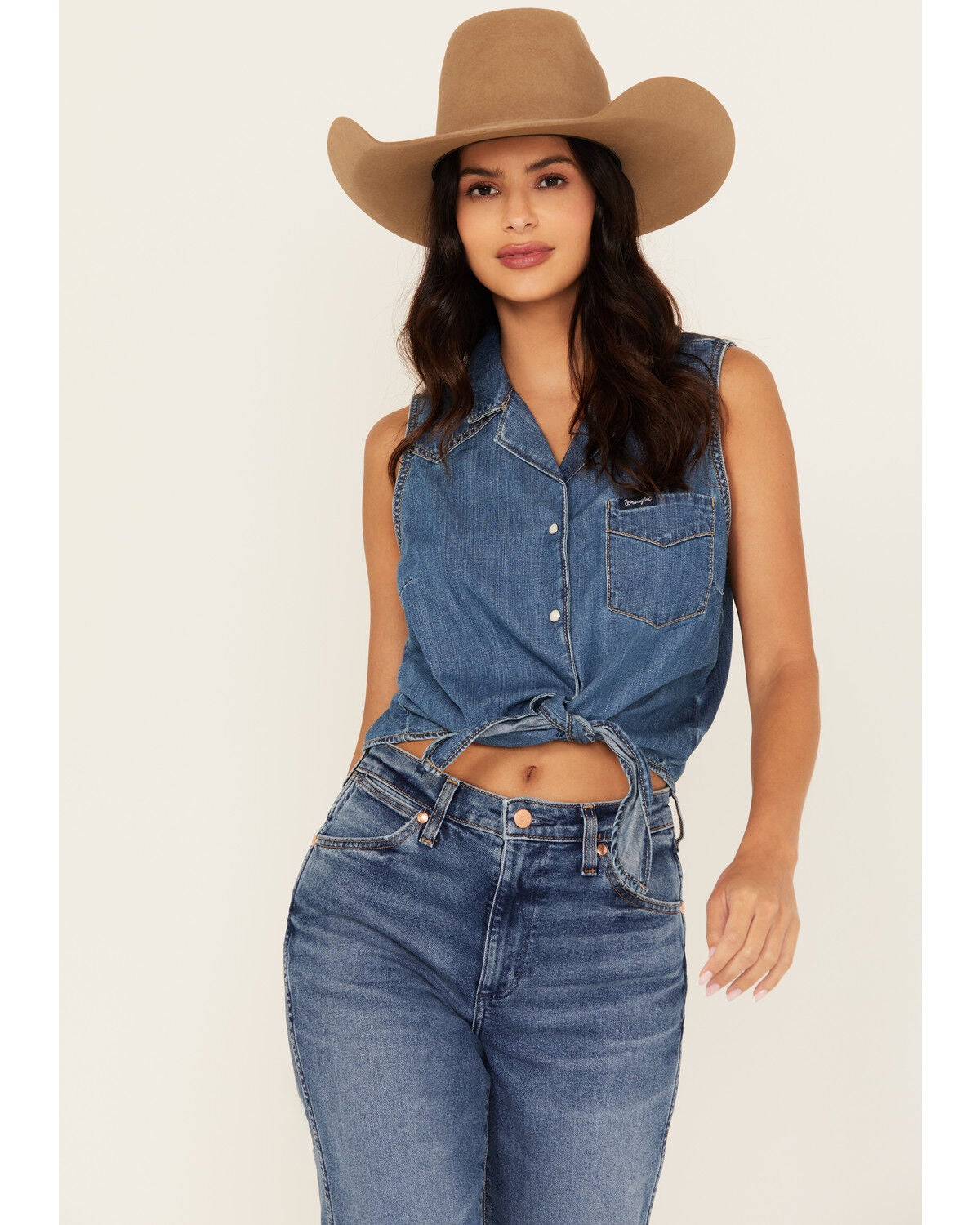 Women's Wrangler Retro Dark Wash Tie-Front Sleeveless Snap Western Shi