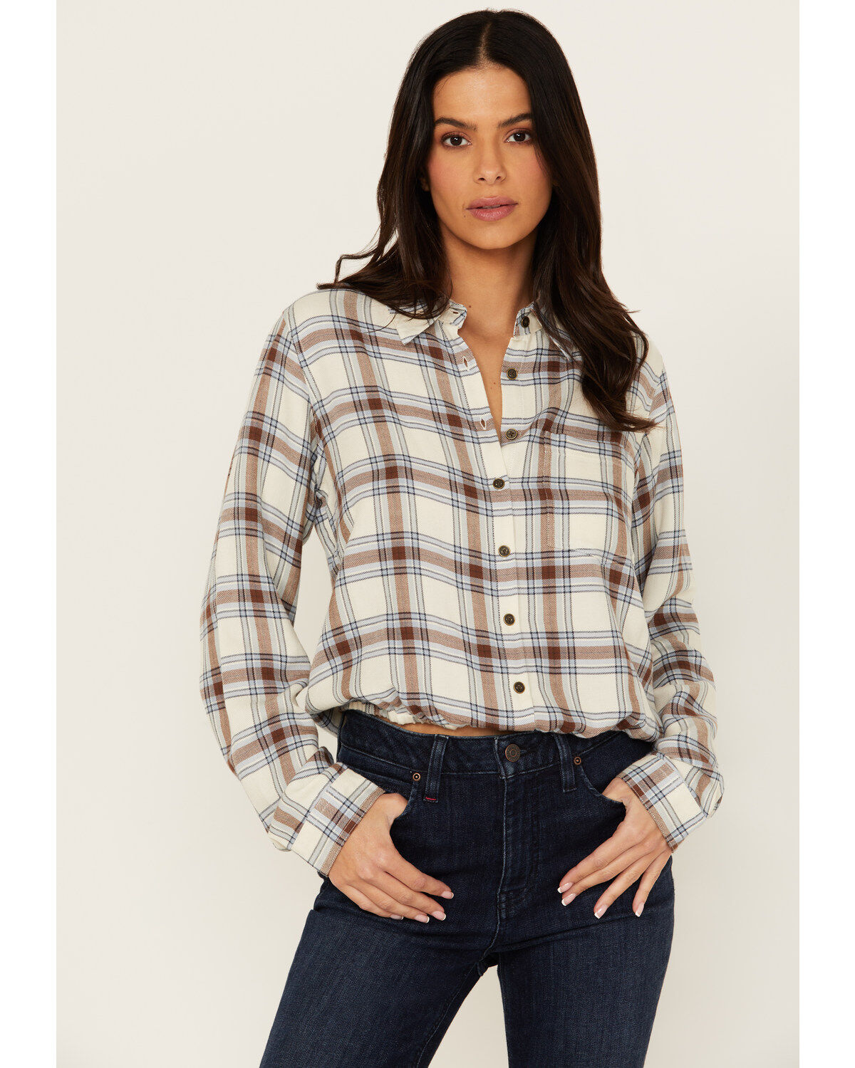 Women's Cleo + Wolf Amy Plaid Print Button-Up Cropped Long Sleeve Flan