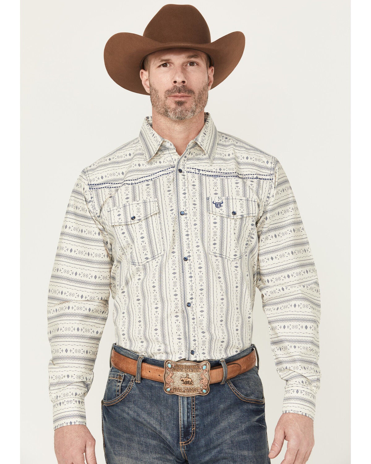 Men's Cowboy Hardware Southwestern Striped Print Long Sleeve Snap Stre