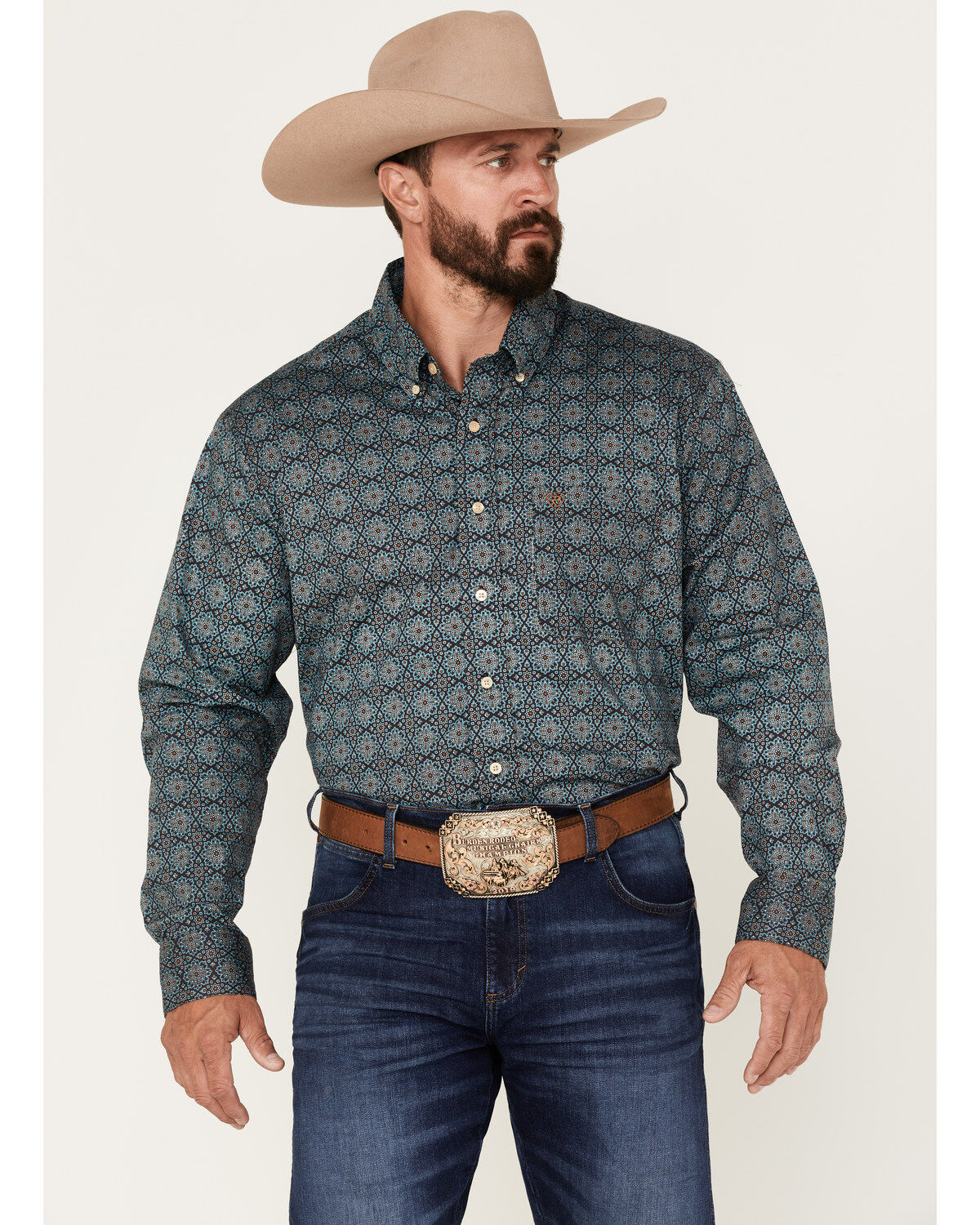 Men's Rock & Roll Denim Medallion Print Stretch Long Sleeve Button-Dow