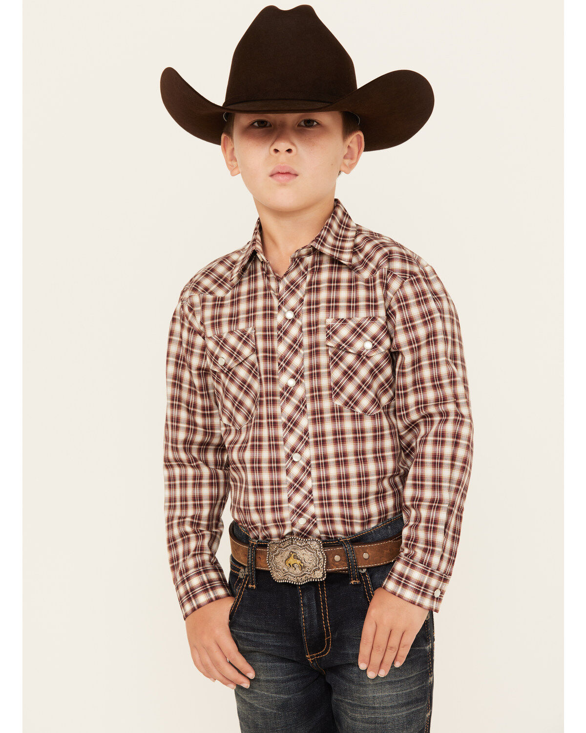 Boys' Roper Plaid Print Cowboy Embroidery Long Sleeve Pearl Snap Weste