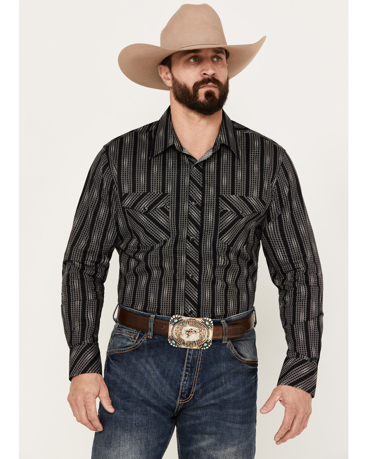 Men's Rock & Roll Denim Geo Print Striped Long Sleeve Western Snap Shi