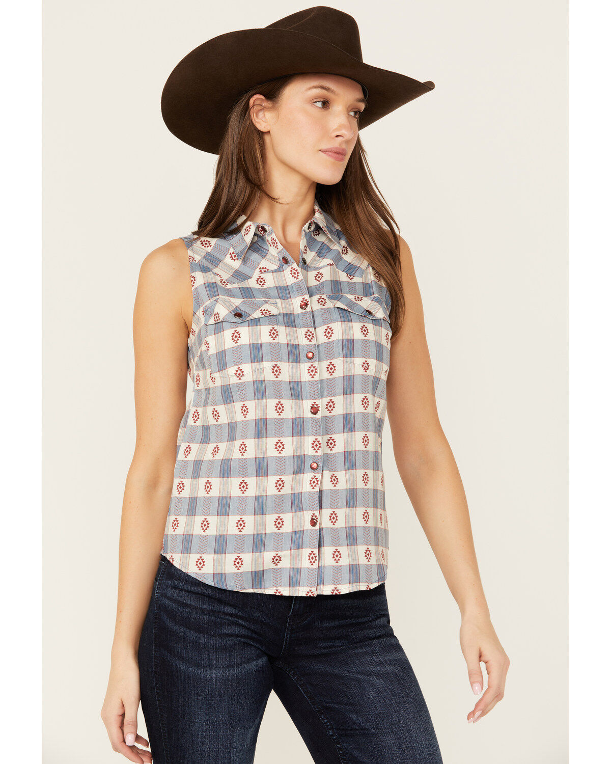 Women's Shyanne Casper Checkered Print Sleeveless Pearl Snap Western S