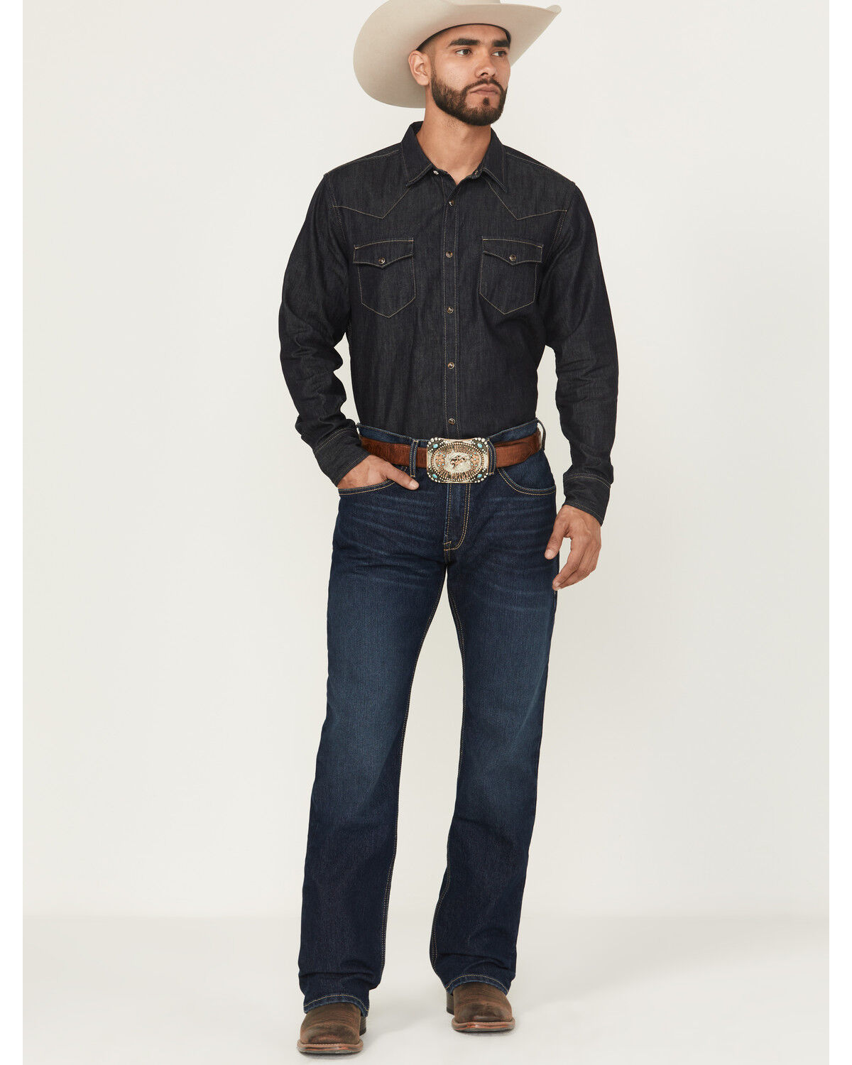 Men's Ariat Dark Wash Hampton Relaxed Bootcut Stretch Denim Jeans - Bi