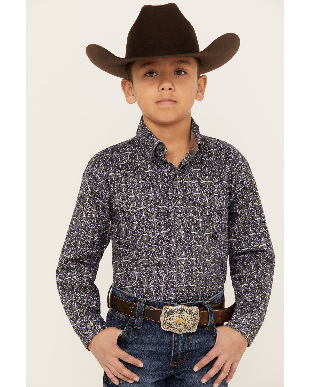 Boys' Roper Amarillo Ornate Geo Print Long Sleeve Snap Western Shirt
