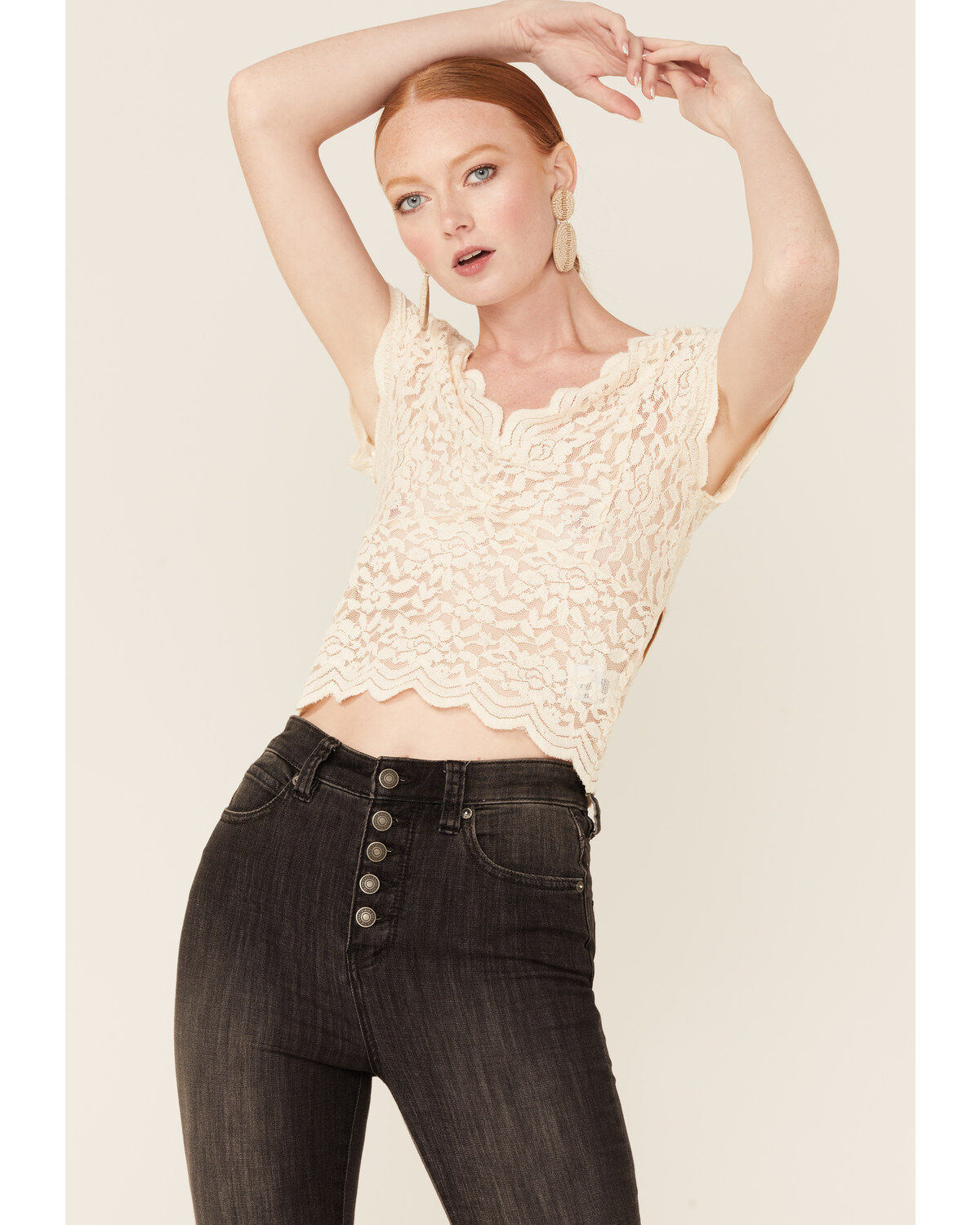 Women's Shyanne Ivory Lace Short Sleeve Crop Top