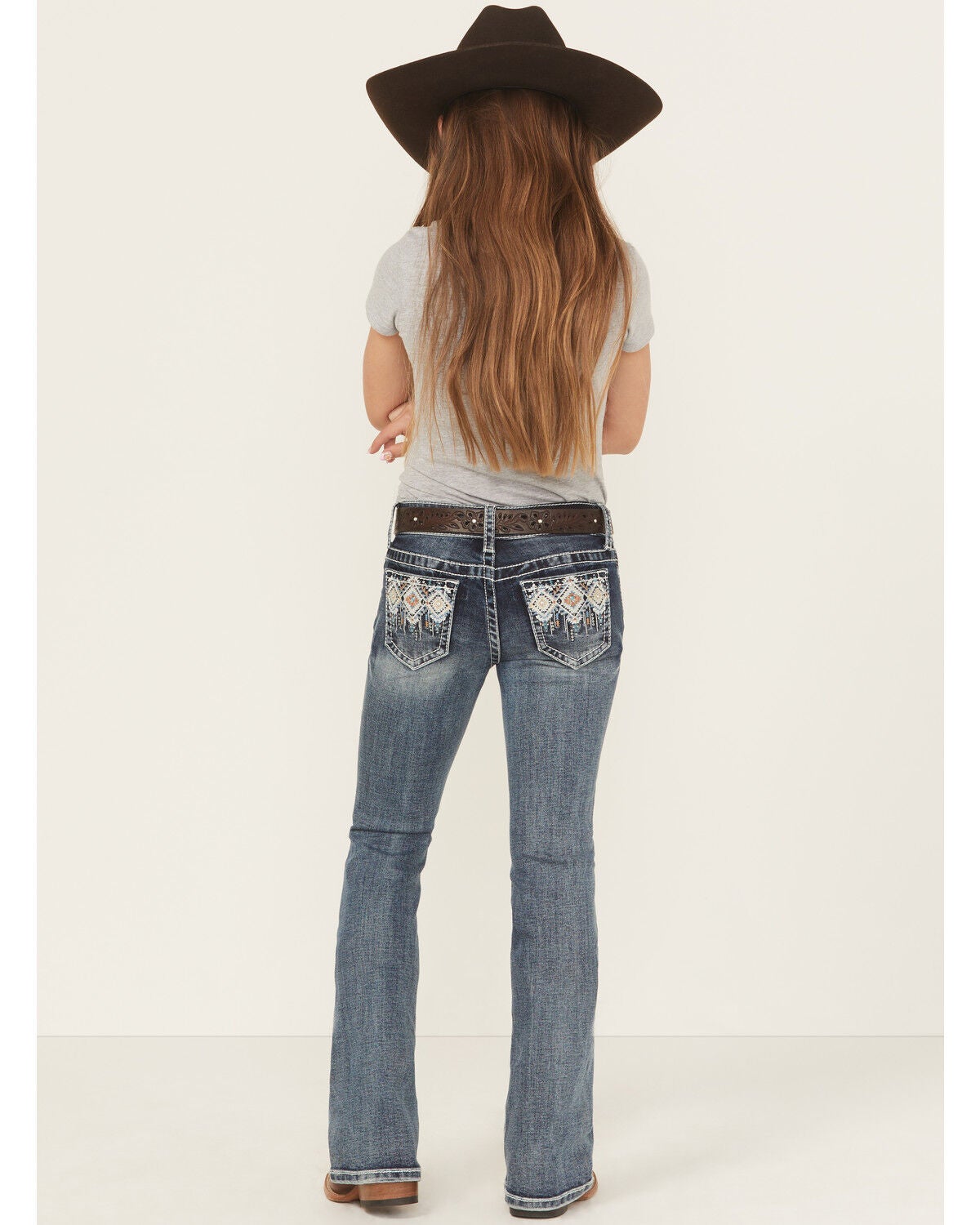 Girls' Grace in LA Medium Wash Geo Diamond Pocket Bootcut Stretch Deni