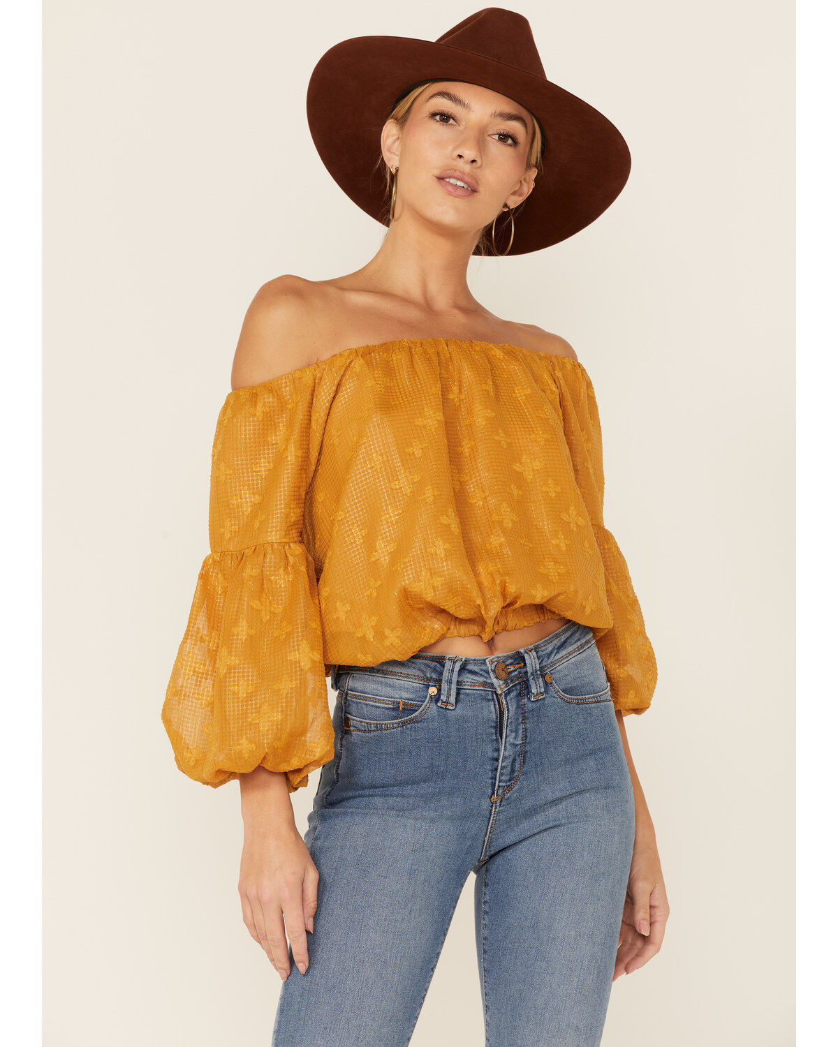 Women's Flying Tomato Mustard Textured Off The Shoulder Crop Top