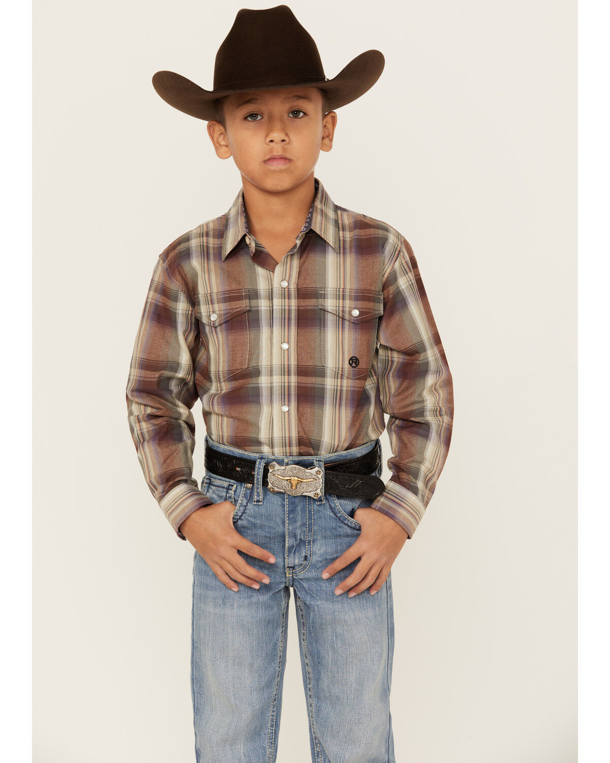 Boys' Roper Amarillo Plaid Print Long Sleeve Pearl Snap Western Shirt