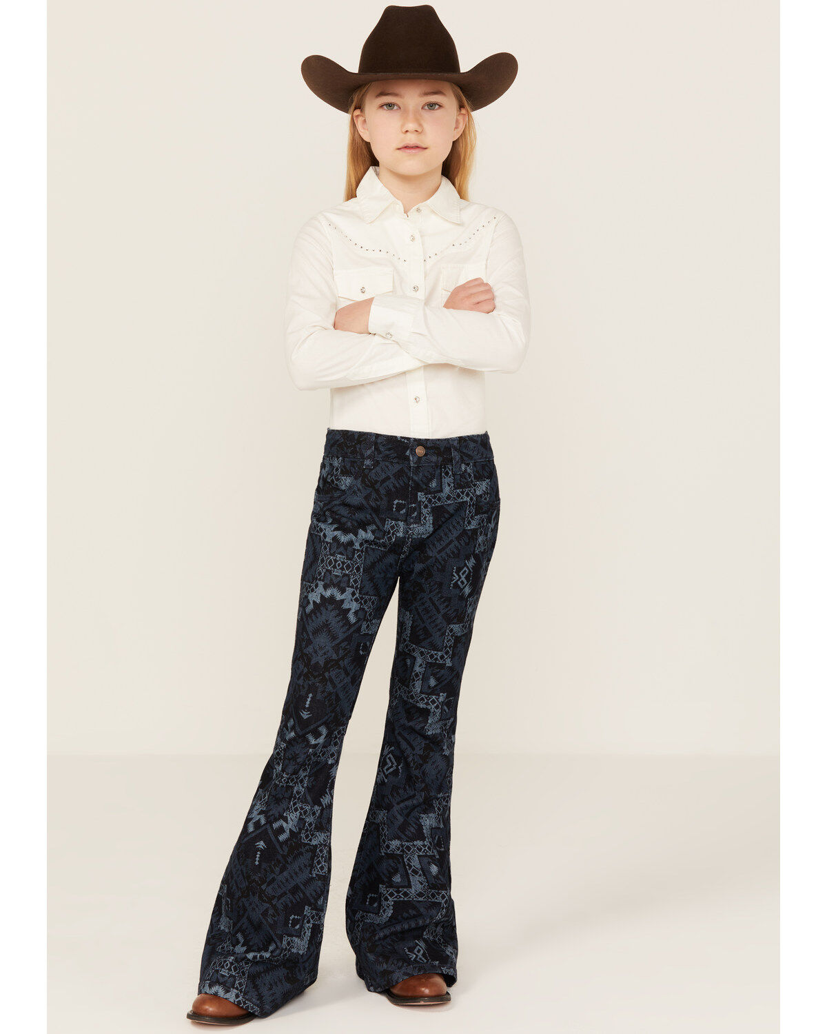 Girls' Shyanne Dark Wash Allover Printed Flare Jeans