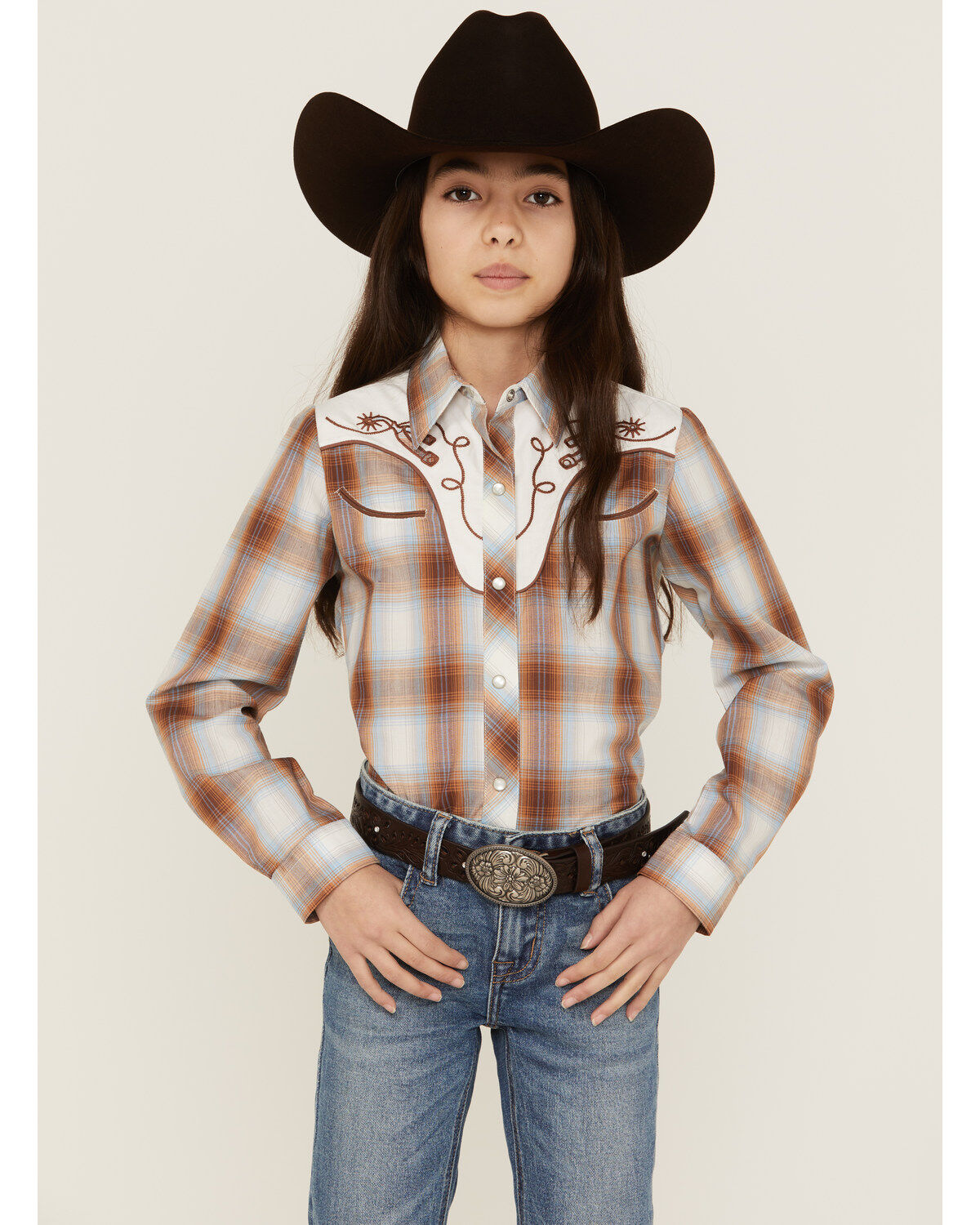 Girls' Roper Plaid Print Embroidered Long Sleeve Western Pearl Snap Sh