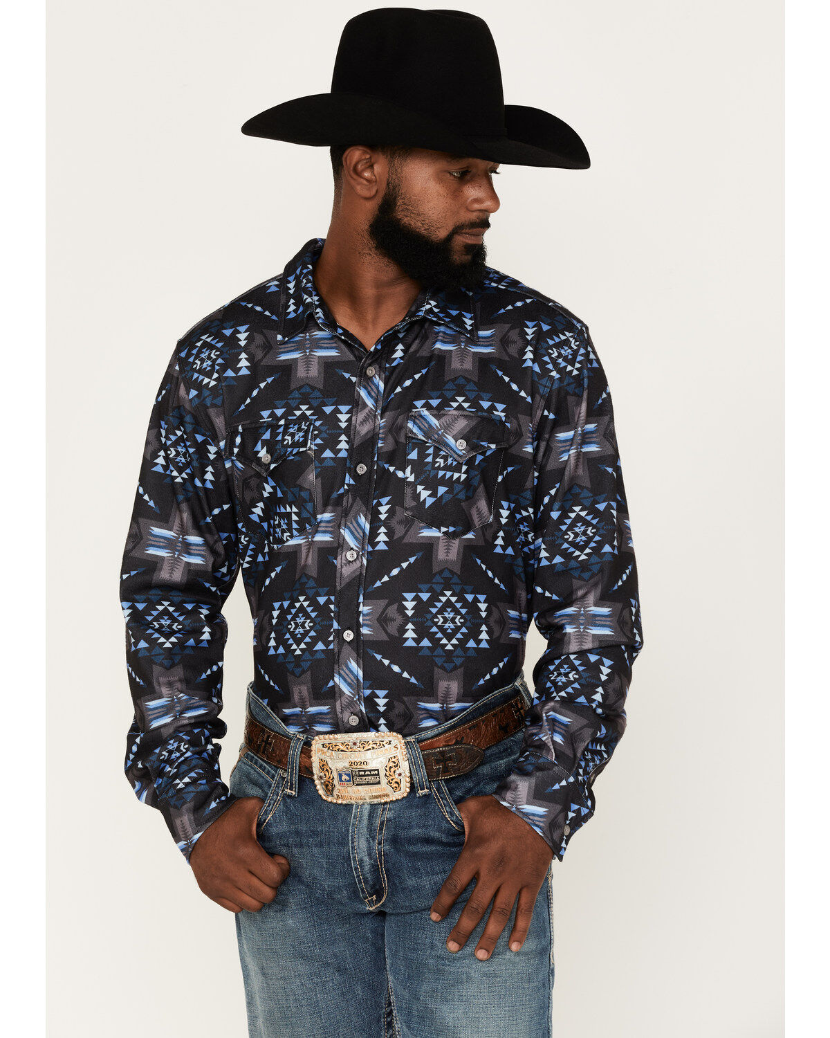 Men's Rock & Roll Denim Southwestern Knit Long Sleeve Button Down Shir