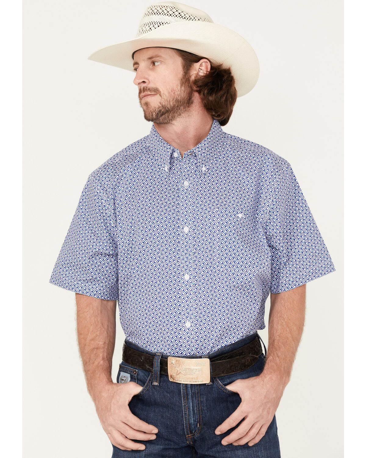 Men's RANK 45 Troubador Geo Print Short Sleeve Button-Down Western Sh