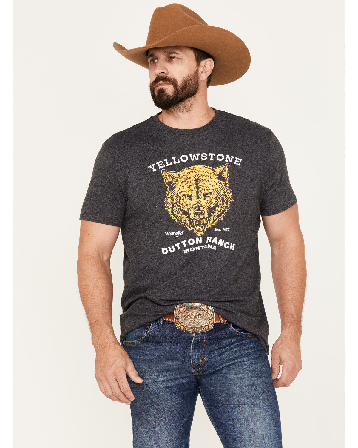 Men's Wrangler Yellowstone Dutton Ranch Wolf Short Sleeve Graphic T-Sh
