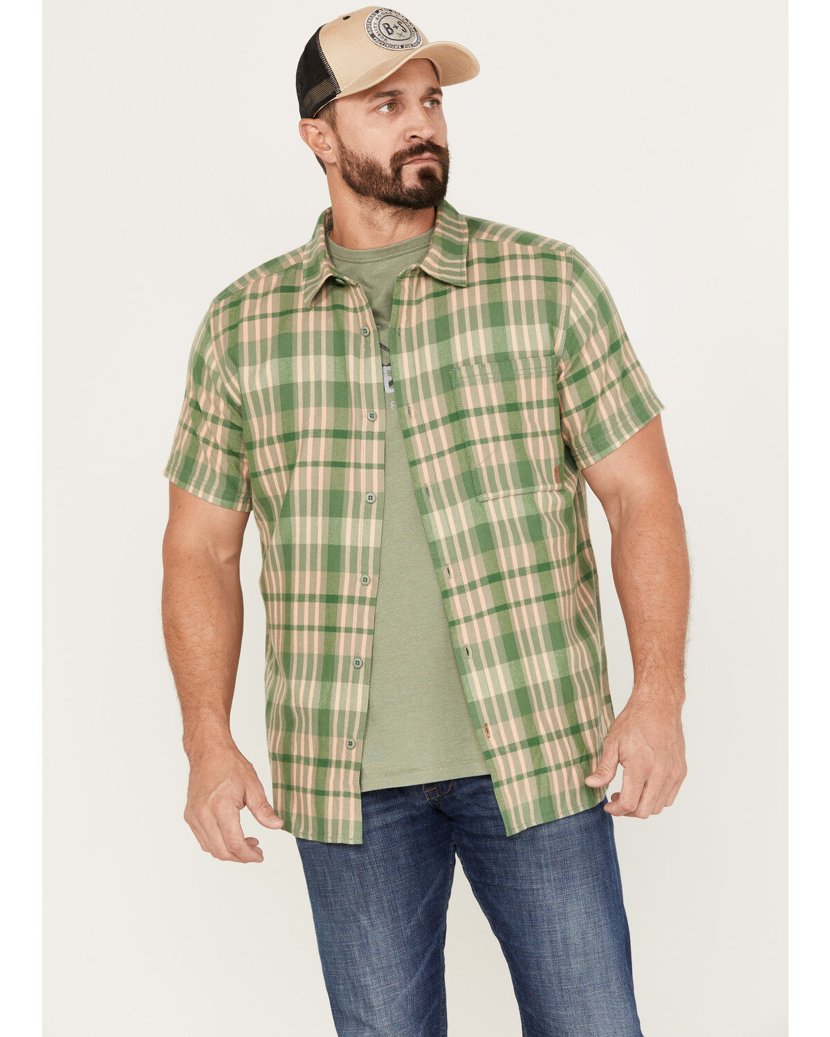 Men's Brothers and Sons Plaid Print Short Sleeve Button-Down Western S