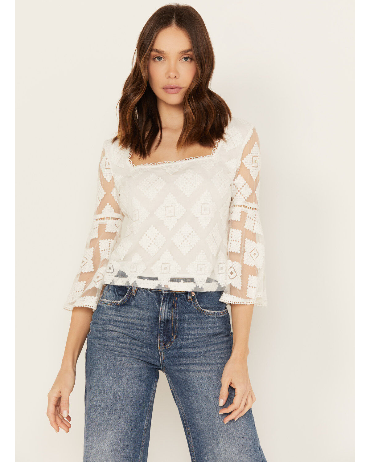 Women's Shyanne Diamond Embroidered Mesh Top