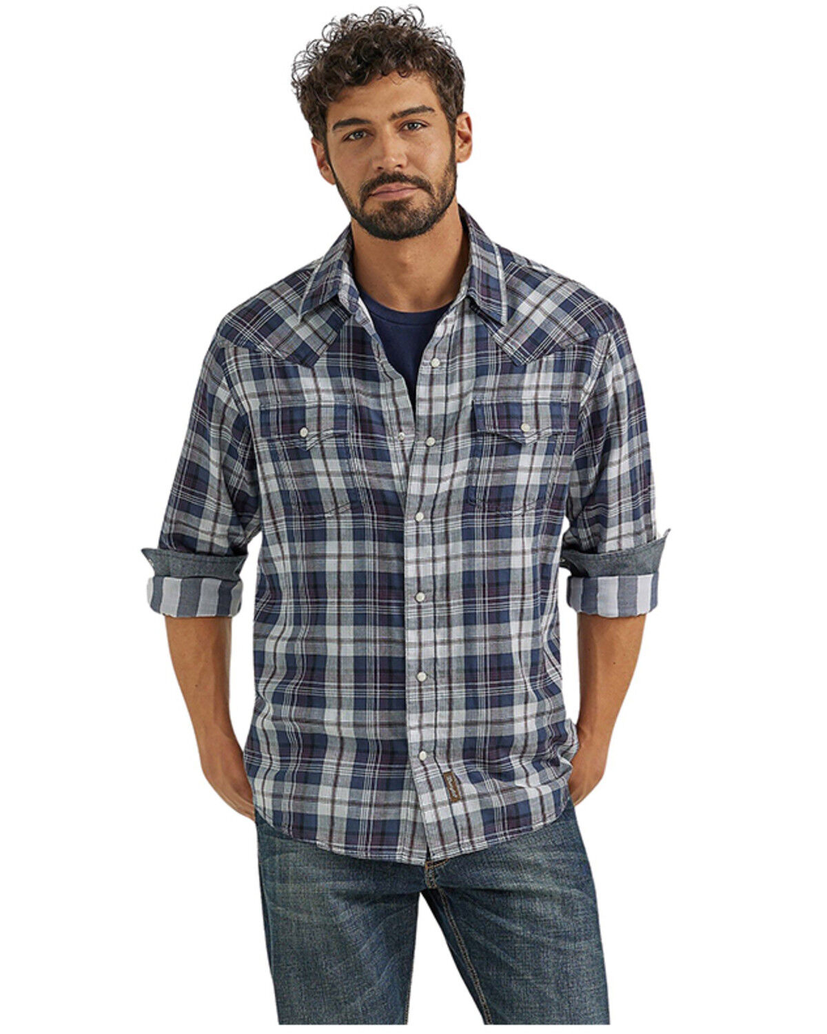 Men's Wrangler Retro Plaid Print Long Sleeve Snap Western Shirt