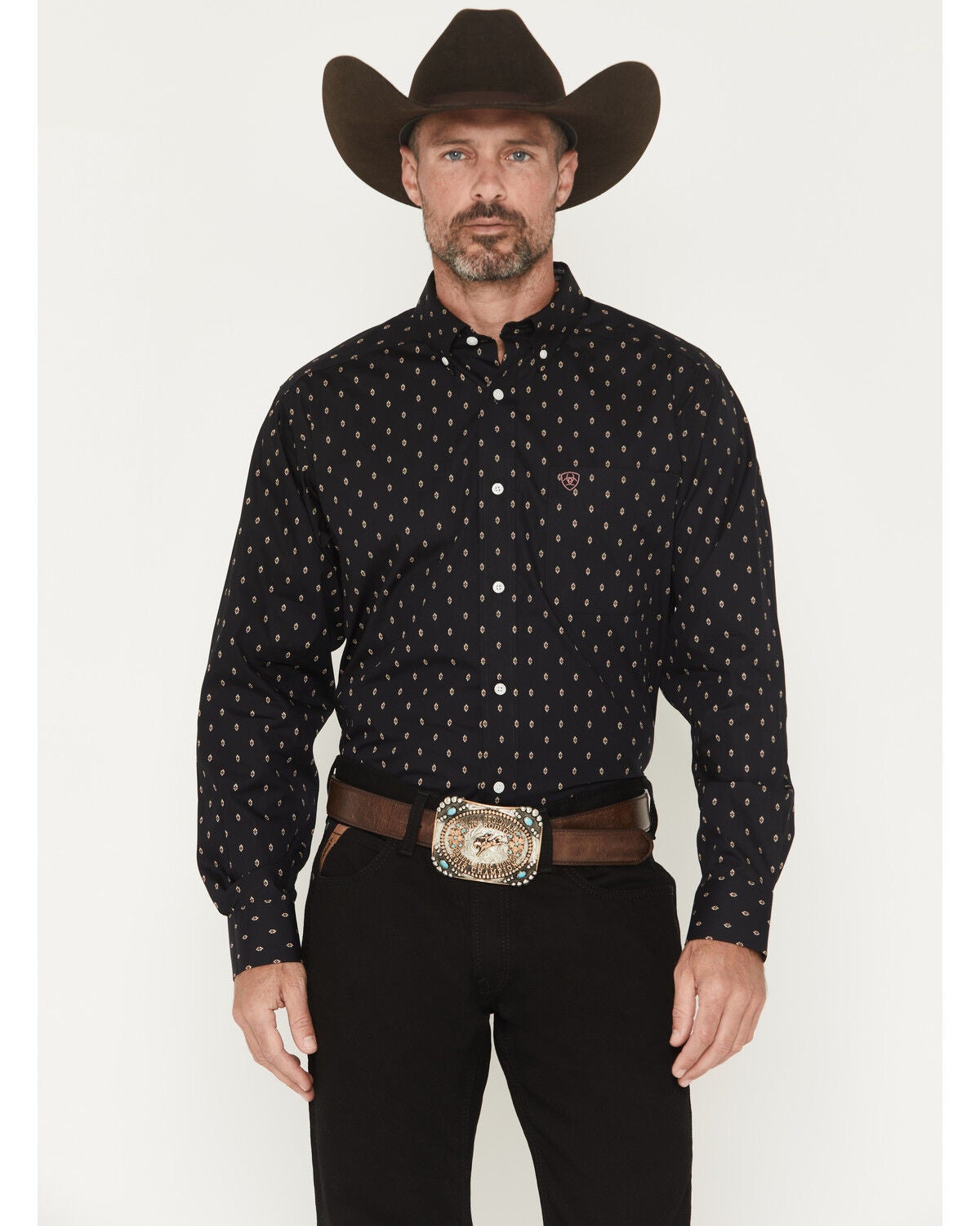 Ariat Men’s Wrinkle Free Asher Geo Print Long Sleeve Button-Down Western Shirt in Black – Size XL