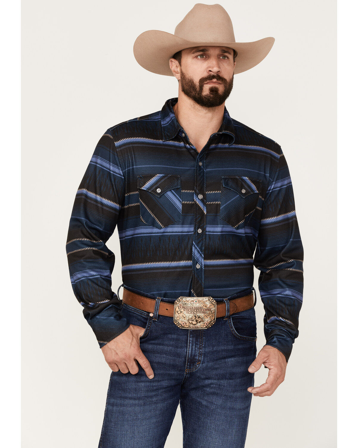 Men's Rock & Roll Denim Serape Knit Stripe Long Sleeve Button Down Shi