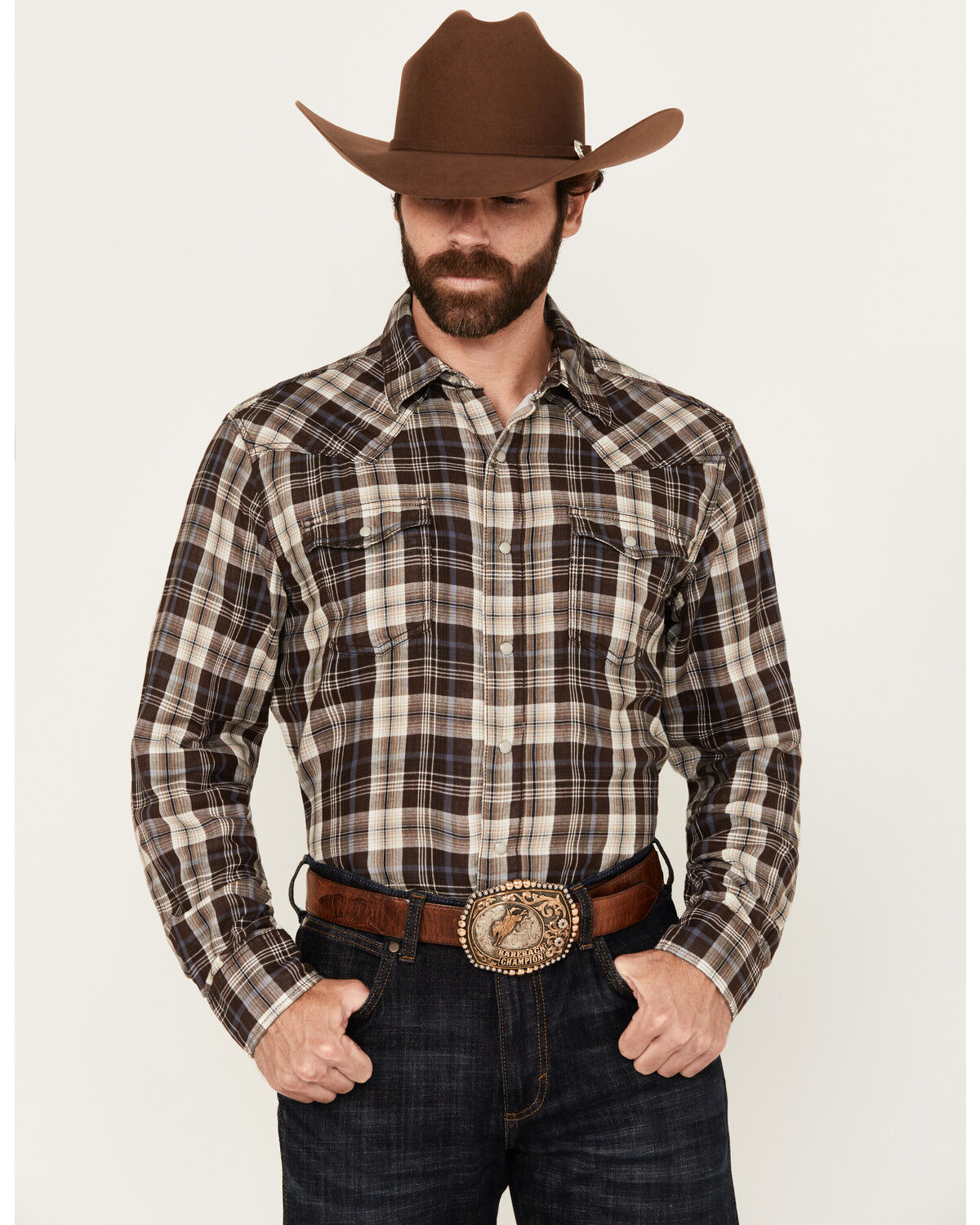 Men's Wrangler Retro Plaid Print Long Sleeve Snap Western Shirt