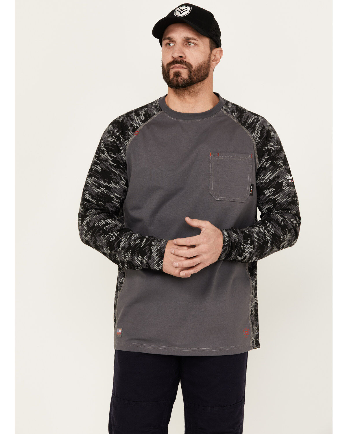 Men's Ariat FR Stretch Camo Print Long Sleeve Baseball Work T-Shirt
