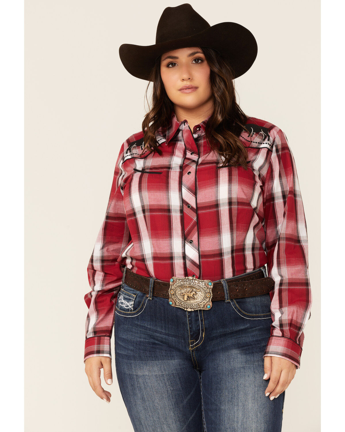 Women's Roper Plaid Print Bull Embroidered Yoke Long Sleeve Snap Weste