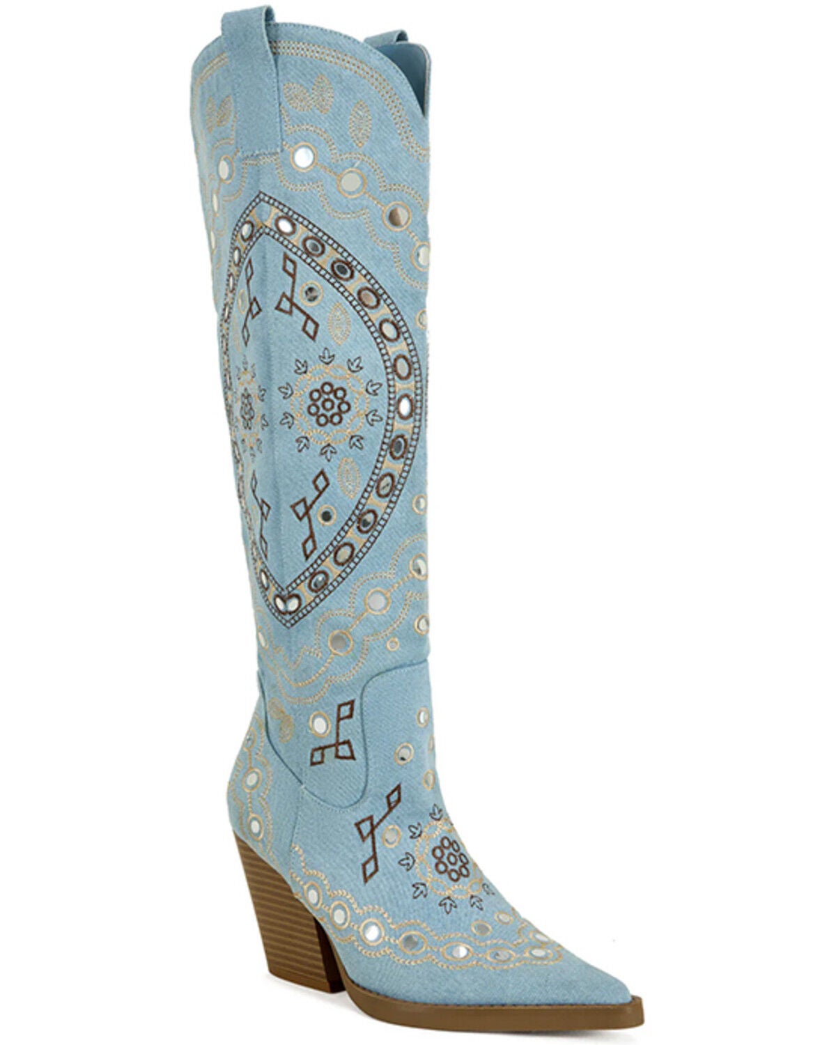 Women's Azalea Wang Aamina Embellished Denim Tall Western Boots - Roun